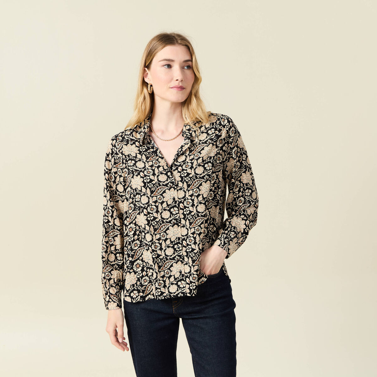 Chemise manches longues fluide noir femme