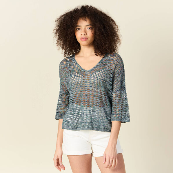 Pull manches courtes ajouré bleu clair femme