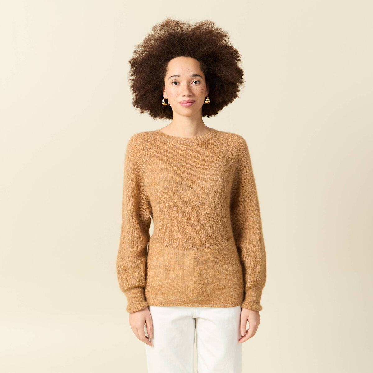 Pull manches longues col rond camel femme
