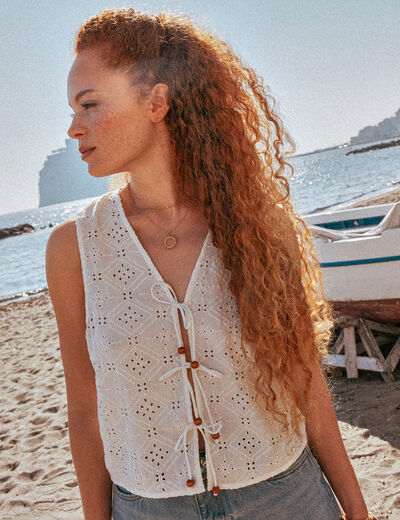 Gilet sans manches noué ecru femme
