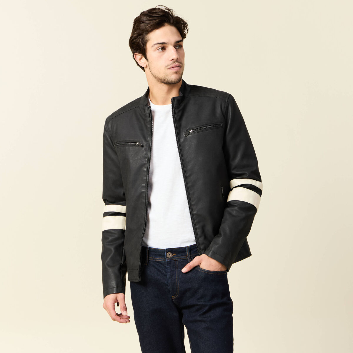 Blouson motard simili cuir noir homme