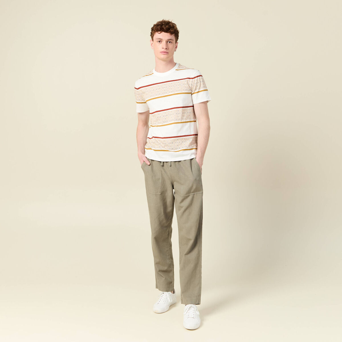 T-shirt ray&eacute; col rond manches courtes ecru homme