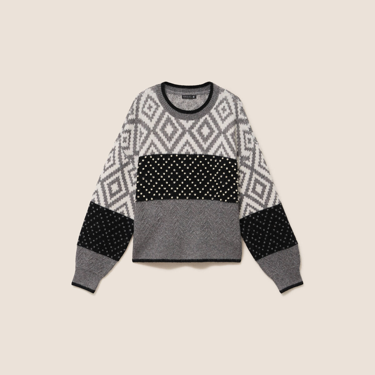 Pull jacquard col rond gris femme