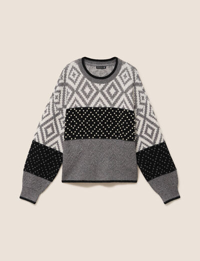 Pull jacquard col rond gris femme