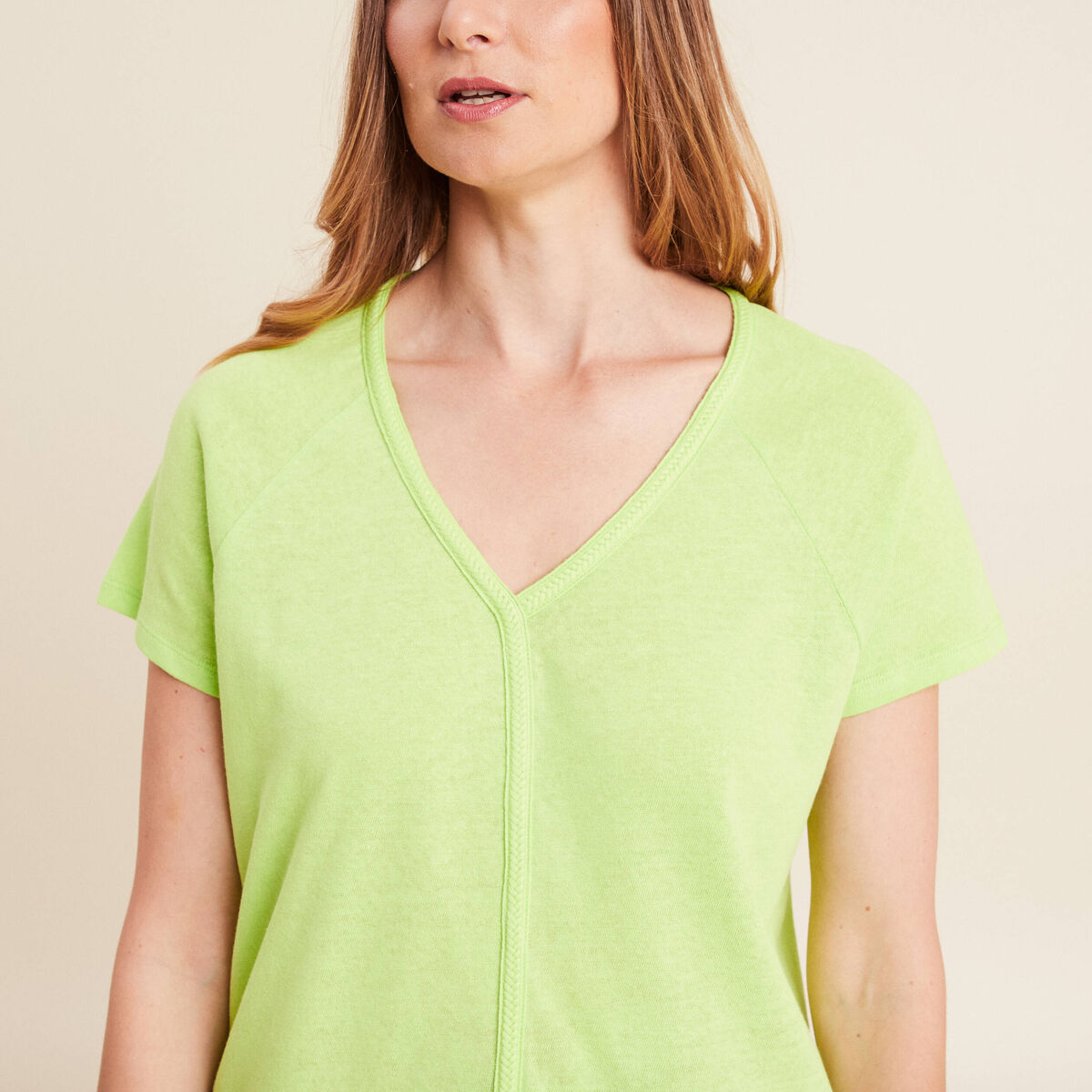 T-shirt tresse manches courtes vert anis femme