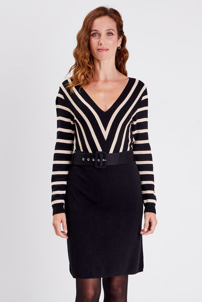 Robe pull droite ceinturée couleur or femme