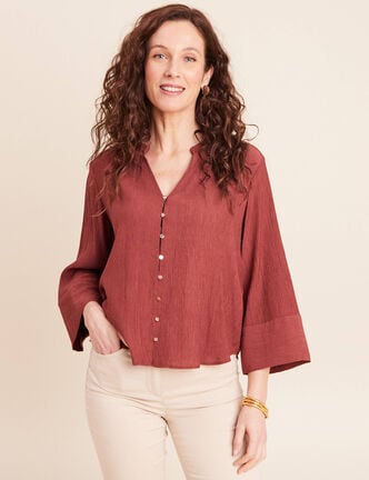Blouse col v manches 3/4 fluide marron cognac femme