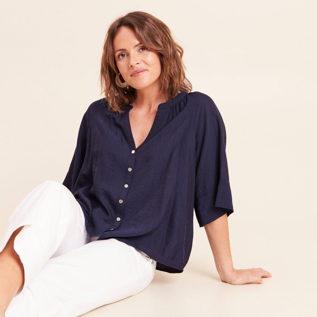 Blouse ample col v manches 3/4 bleu marine femme