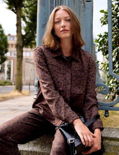 Chemise droite manches longues marron fonc&eacute; femme