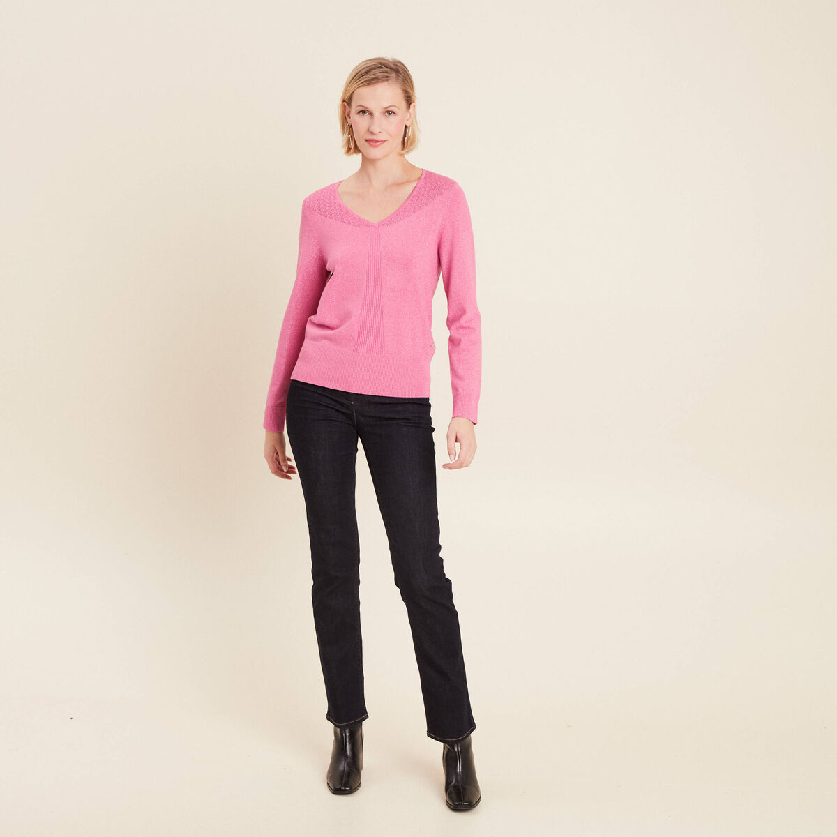 Pull manches longues col en V rose femme