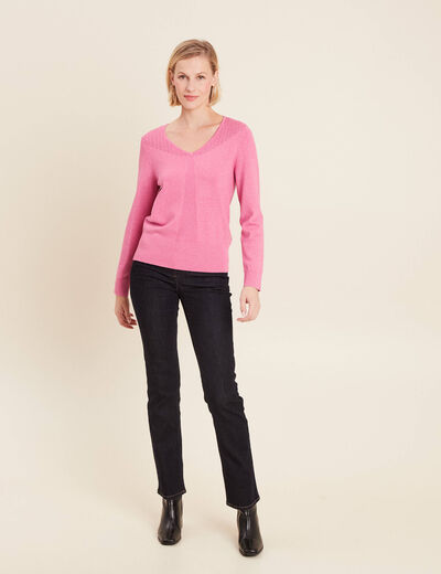 Pull manches longues col en V rose femme