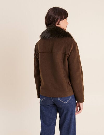 Manteau manches longues col fourrure vert kaki femme