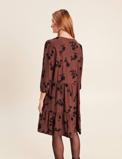 Robe courte &eacute;vas&eacute;e col v manches 3/4 marron femme