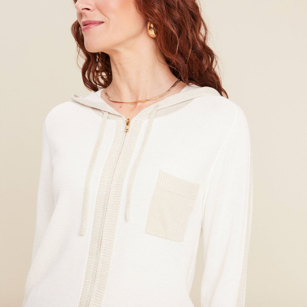 Sweat &agrave; capuche zipp&eacute; ecru femme