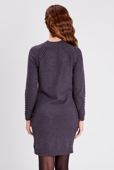 Robe pull droite avec perles gris foncé femme