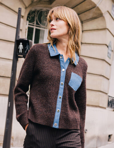 Gilet col chemise manches longues marron fonc&eacute; femme