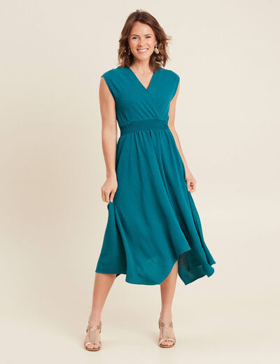 Robe évasée taille smockée vert femme