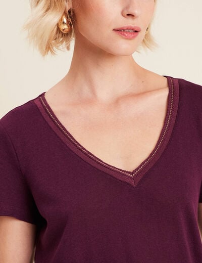 T-shirt manches courtes col en V violet foncé femme