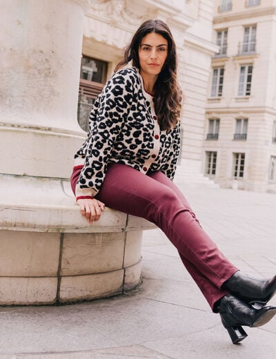 Gilet jacquard col rond manches longues marron femme