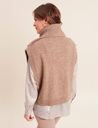Pull sans manches col roul&eacute; marron femme