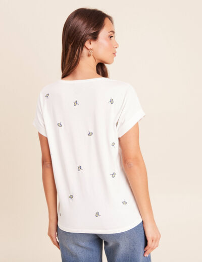 T-shirt col v broderie manches courtes ecru femme