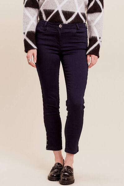 Jean ajusté 7/8ème avec bandes denim brut femme