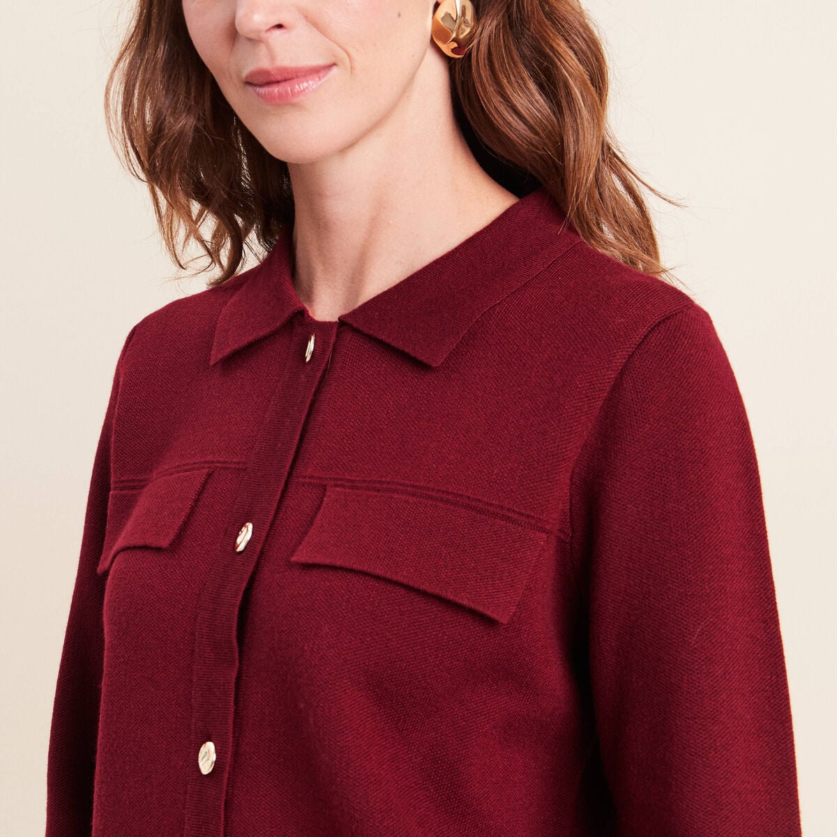 Gilet col chemise manches longues bordeaux femme