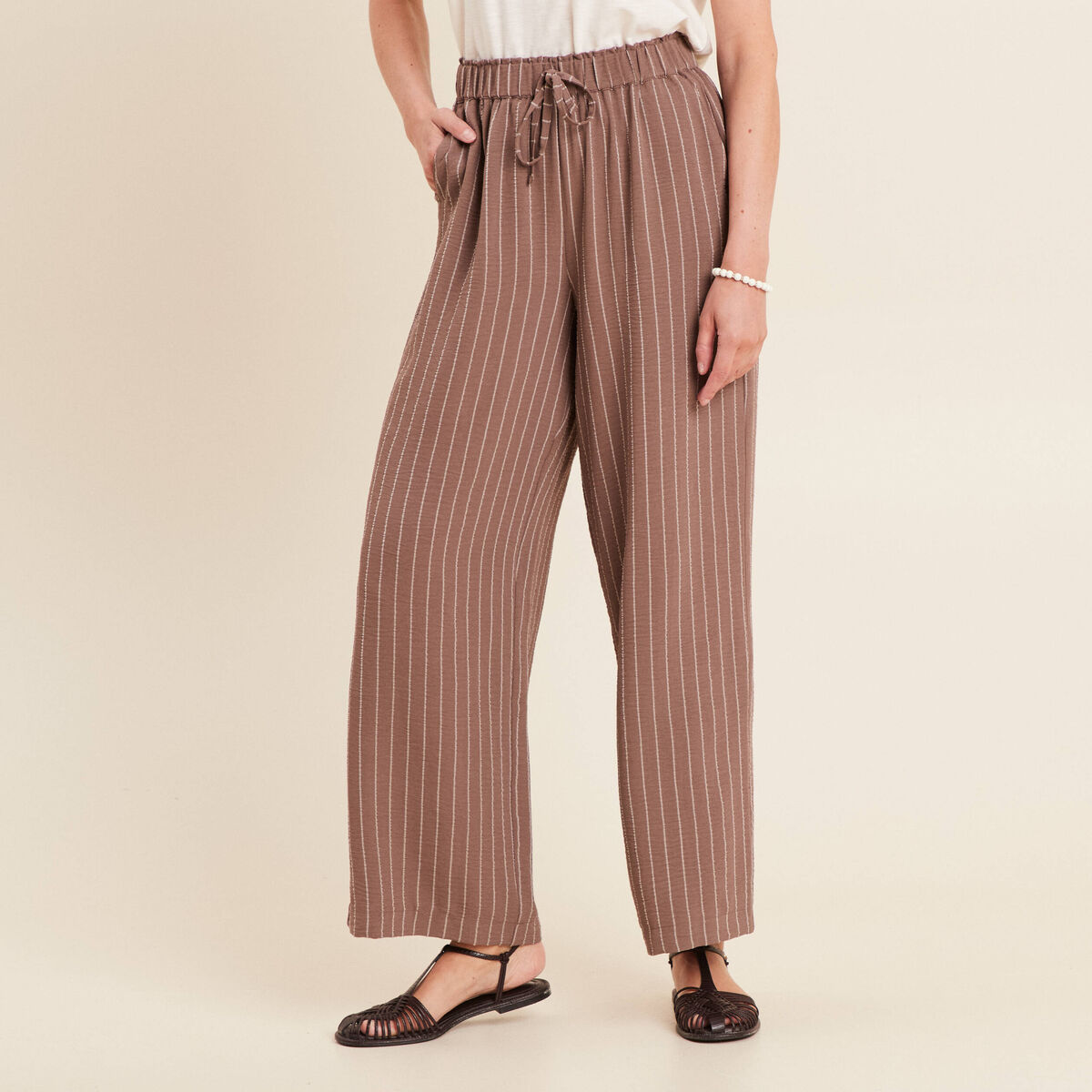 Pantalon large taille haute taupe femme