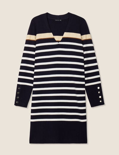 Robe tricot droite col en V bleu foncé femme