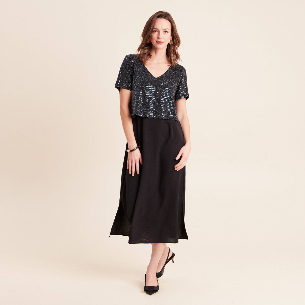 Robe longue &eacute;vas&eacute;e 2 en 1 col rond bleu marine femme