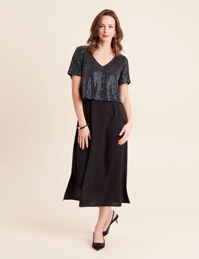 Robe longue &eacute;vas&eacute;e 2 en 1 col rond bleu marine femme