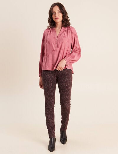 Blouse ample manches longues brod&eacute;e mauve femme