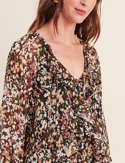 Robe courte &eacute;vas&eacute;e col v manches longues multicolore femme