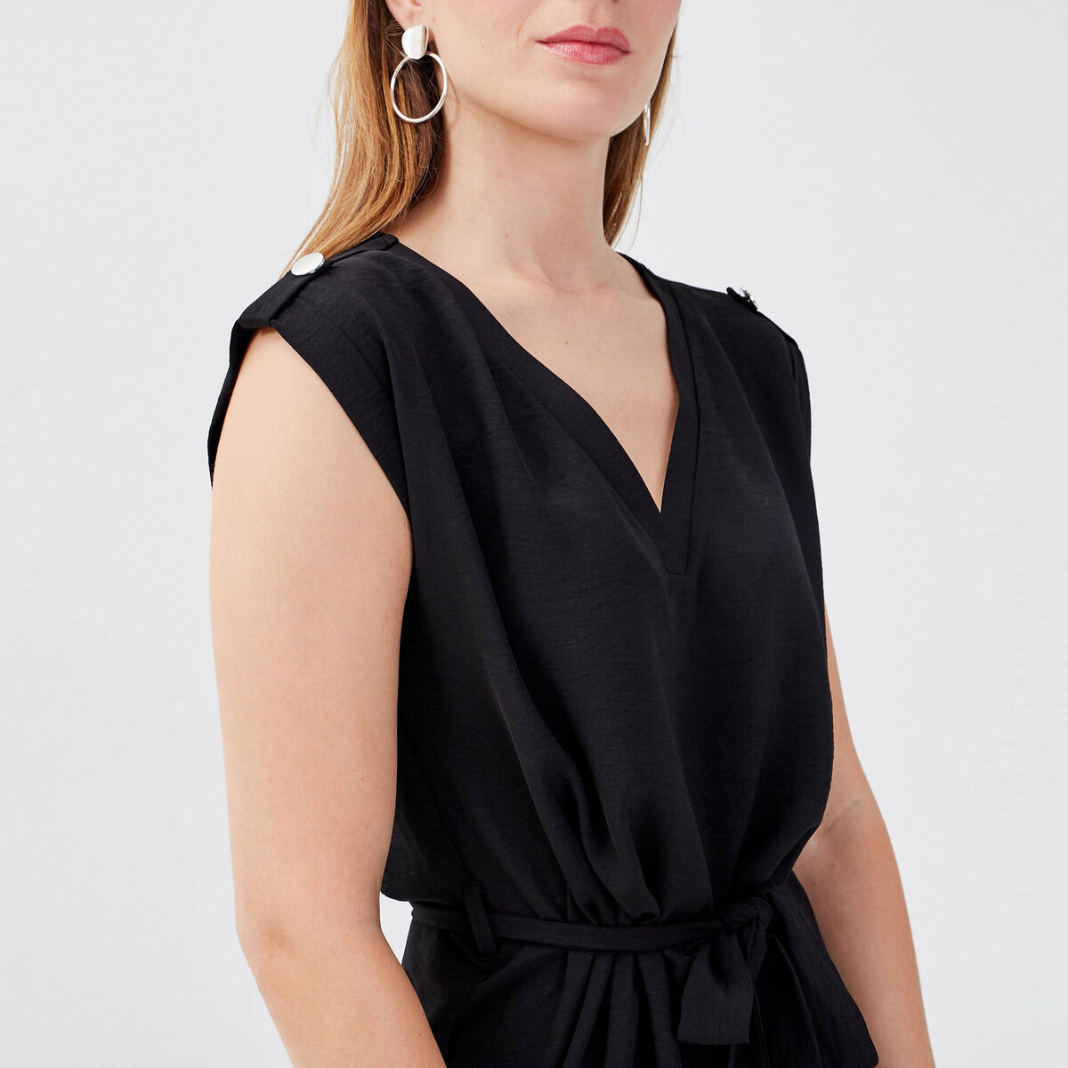 Robe longue droite ceinturée noir femme