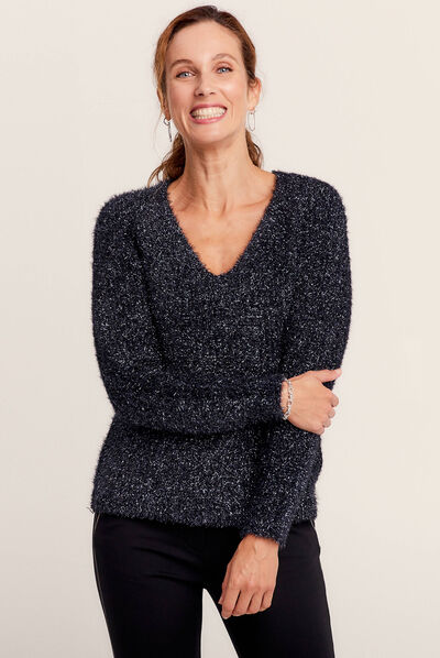 Pull manches longues col en V bleu marine femme