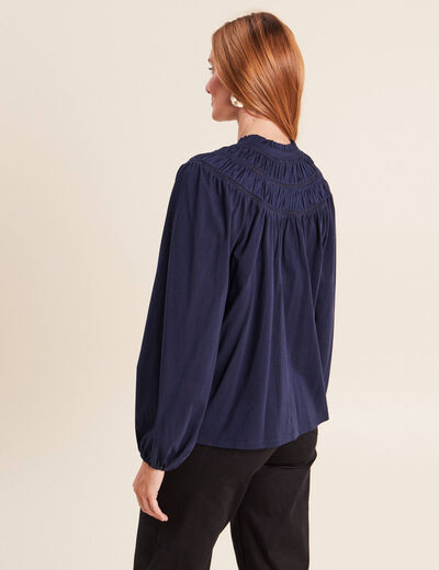 Blouse col tunisien manches longues bleu marine femme