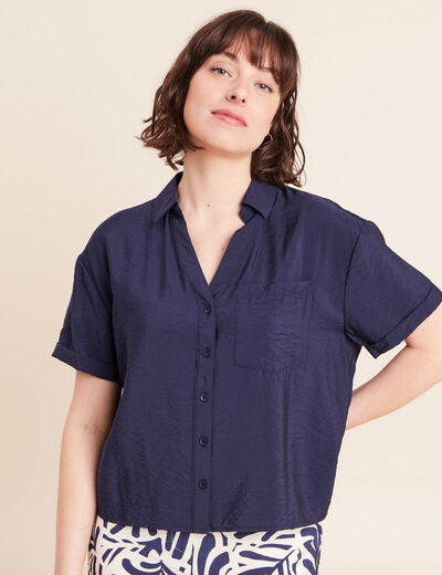 Chemise ample courte &agrave; manches courtes bleu marine femme