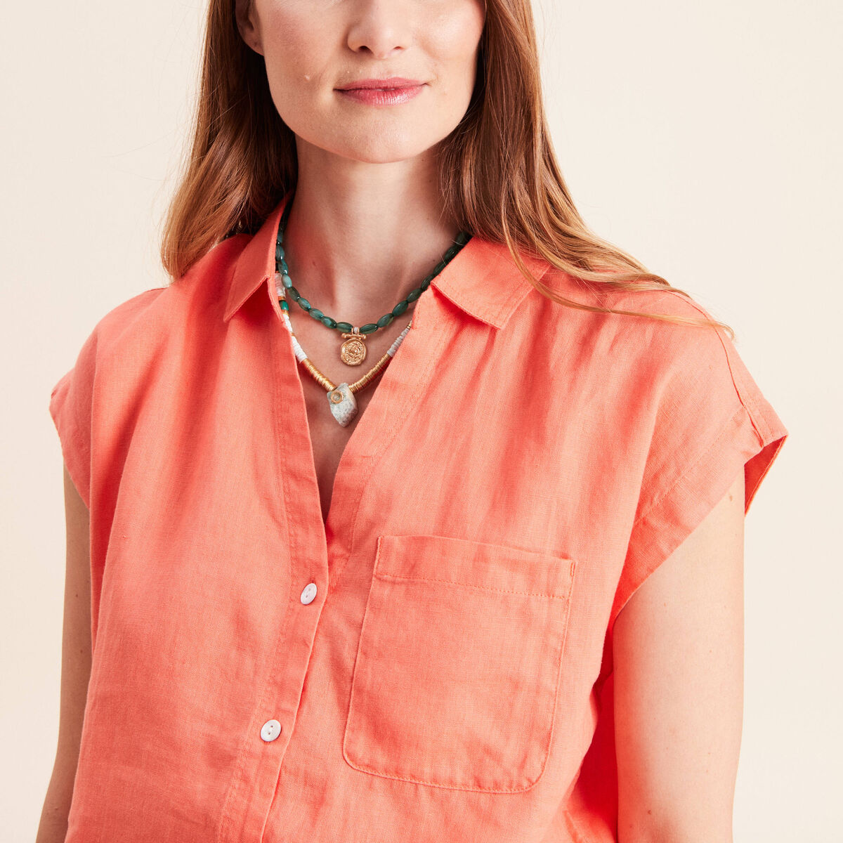 Chemise ample manches courtes aspect lin orange fluo femme