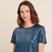 t-shirt droit court satiné col rond bleu canard femme
