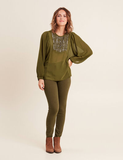 Jean magique ajusté taille standard vert kaki femme