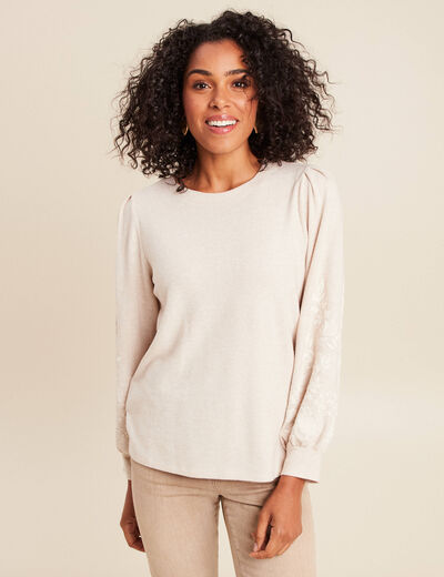 Sweat duveteux col rond manches longues creme femme