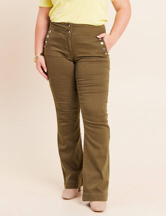Pantalon coupe bootcut &agrave; pont vert kaki femme