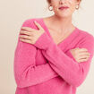 Pull col v manches longues rose fushia femme