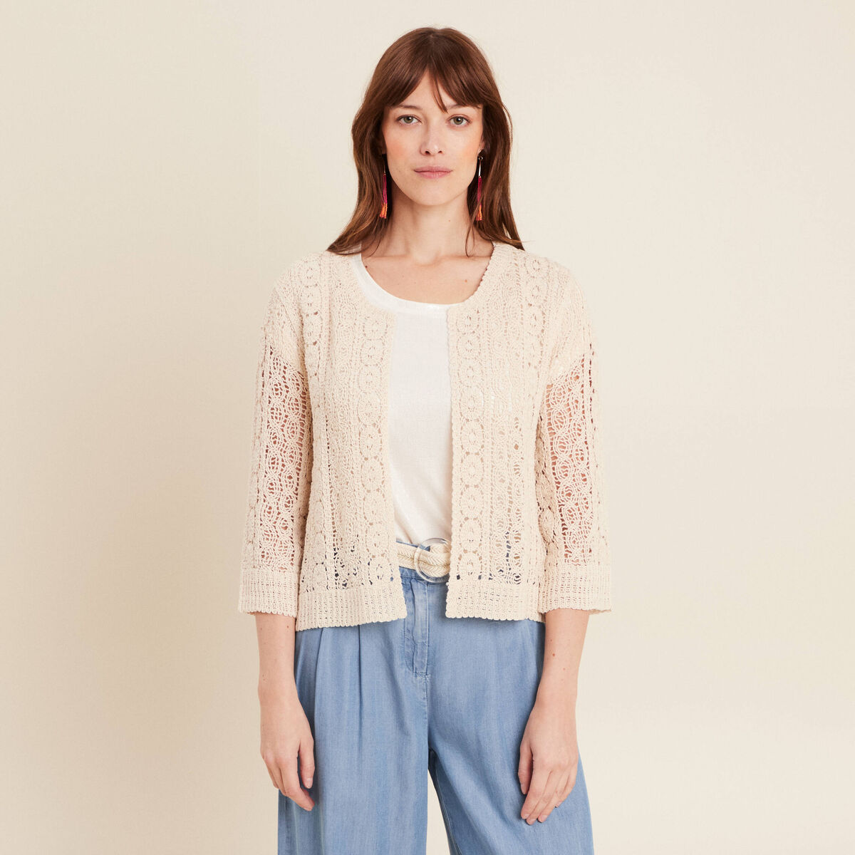 Gilet manches 3/4 ajour&eacute; ecru femme