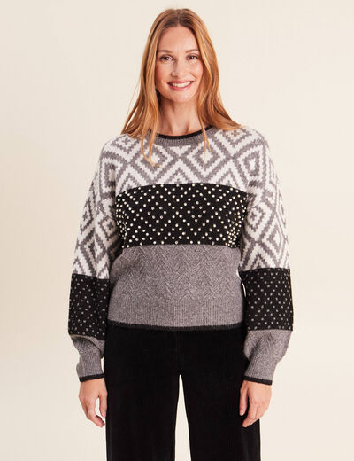 Pull jacquard col rond gris femme