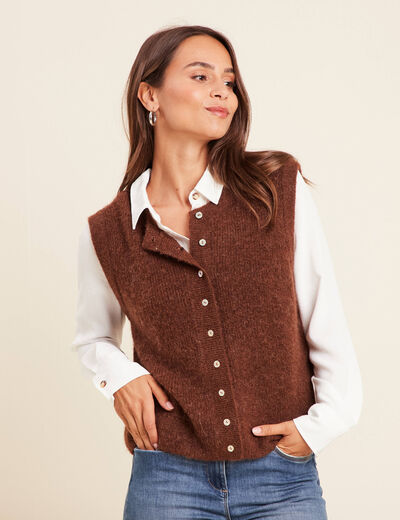 Gilet droit mi-long sans manches marron foncé femme