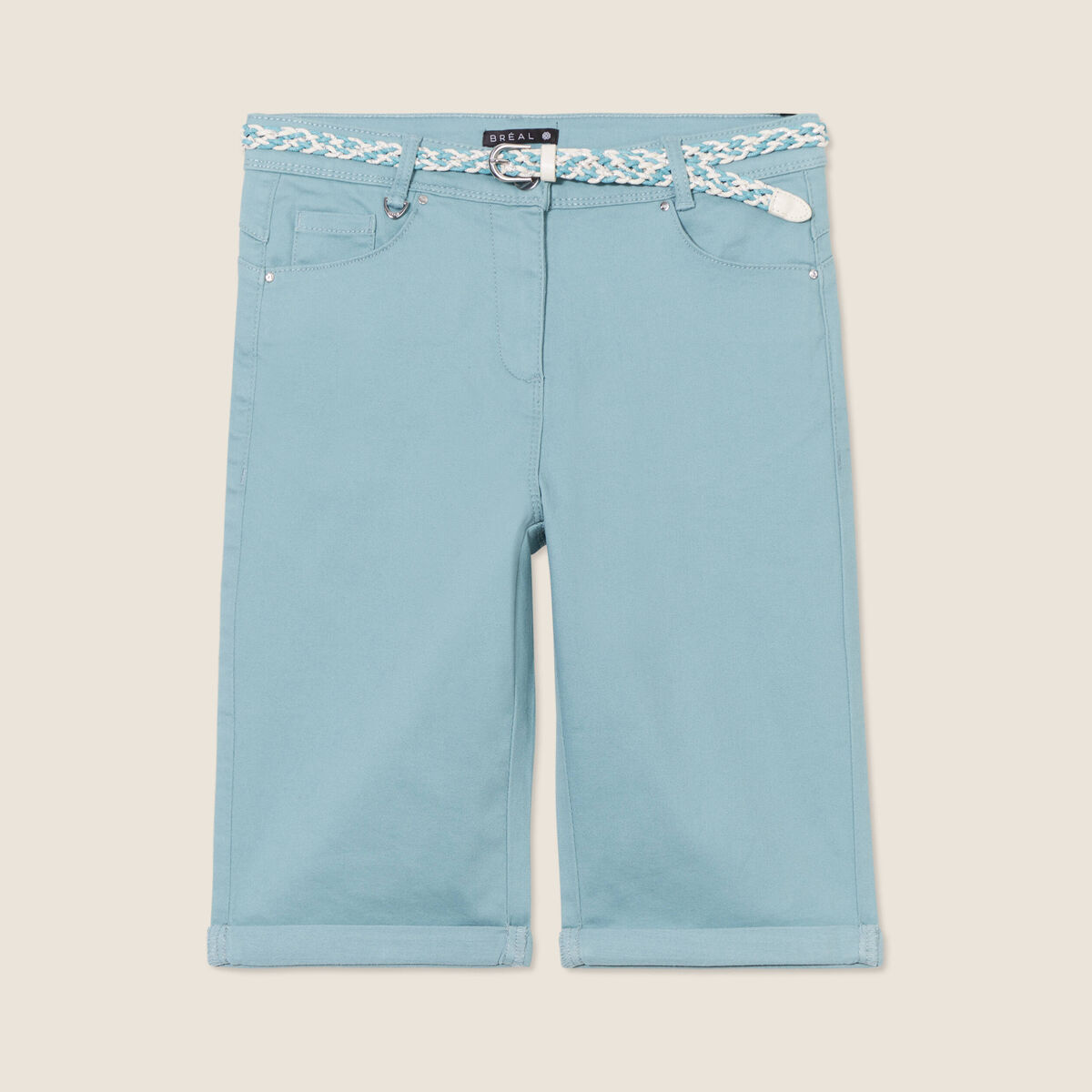 Bermuda ajusté ceinturé bleu canard femme