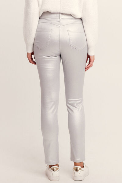 Pantalon ajusté enduit gris argent femme