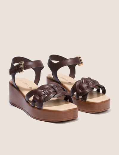 Sandales &agrave; talon compens&eacute; marron fonc&eacute; femme
