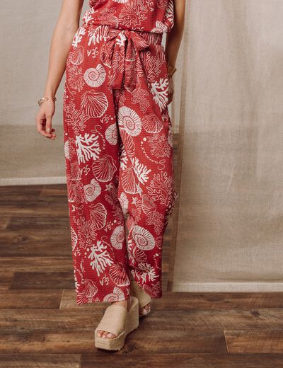 Pantalon coupe large 7/8&egrave;me taille haute orange femme